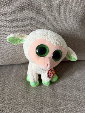 Ty Beanie Boo Cream Lamb with Green Glitter Eyes and Accents